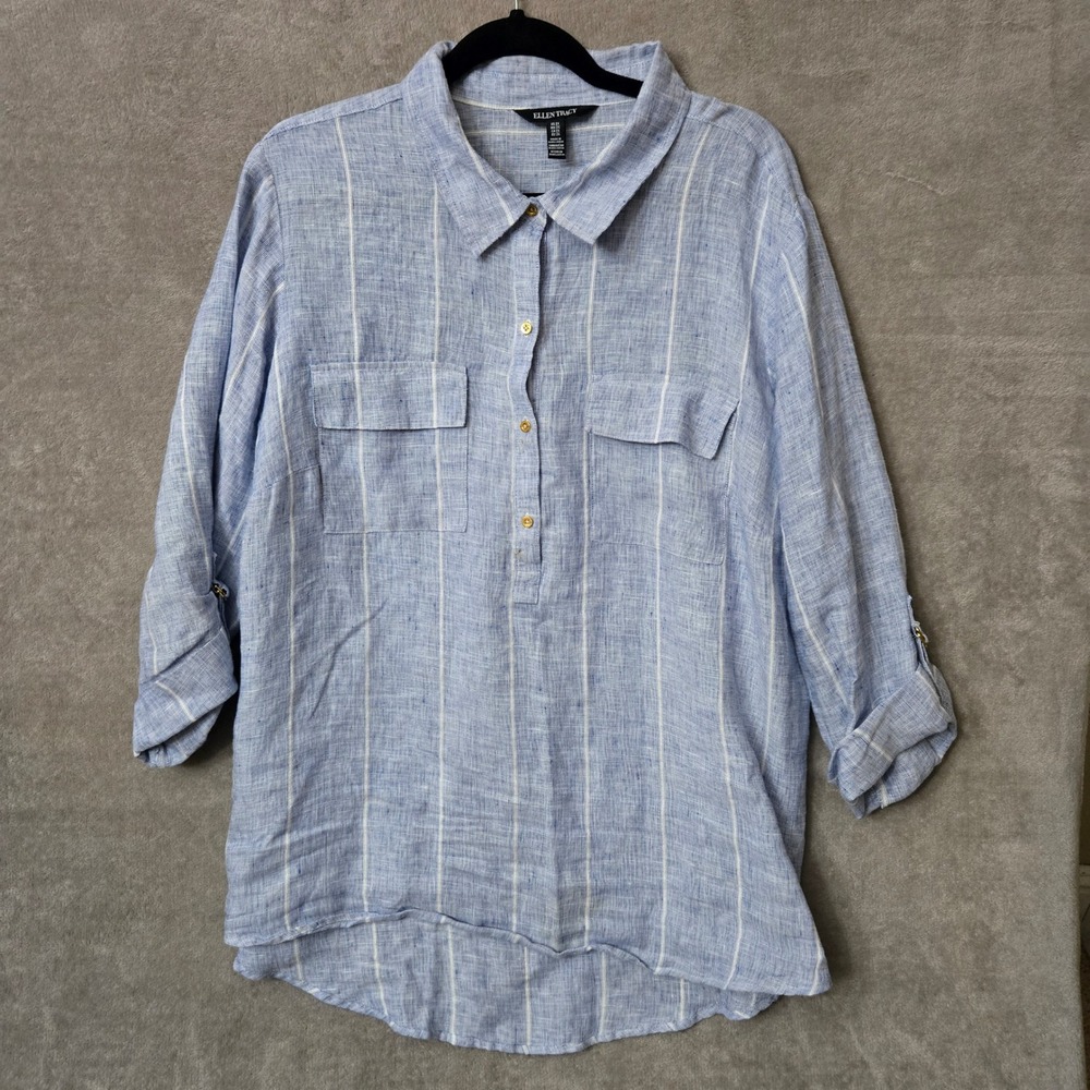 Ellen Tracy Women Linen Shirt 2X Blue Resort Capsule Coastal Nautical Beach Airy